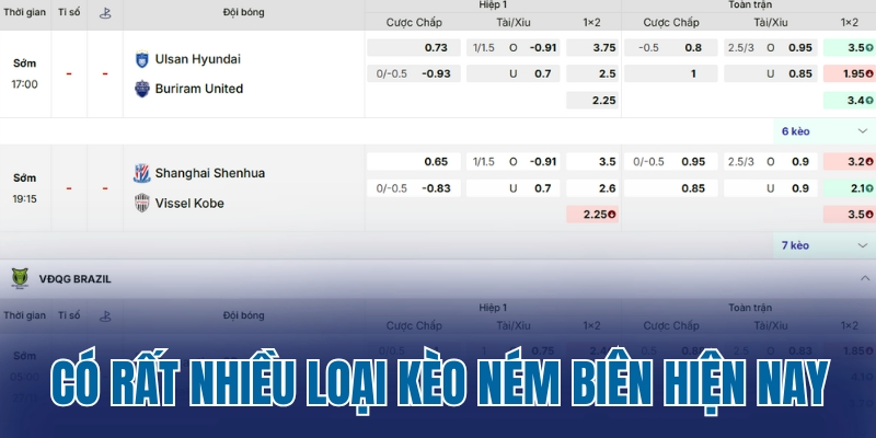 Có rất nhiều loại kèo ném biên hiện nay