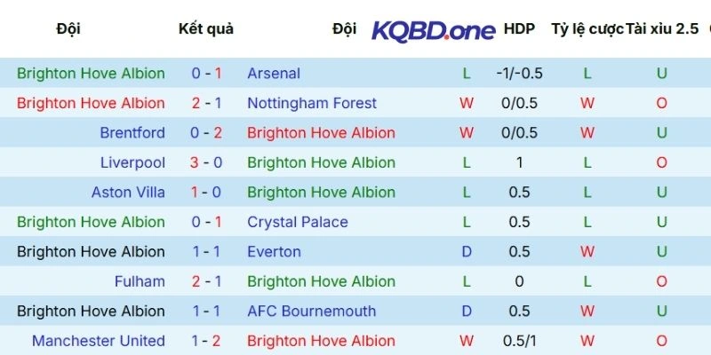 Thành tích ra sân của Brighton